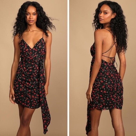 New! Lulus Got the Passion Black Floral Lace Up Formal Mini Dress - Picture 1 of 12